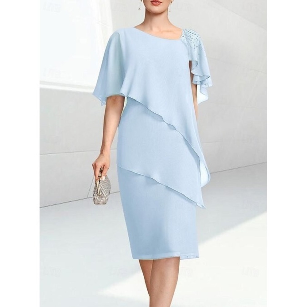 NEW UNBRANDED [ 18W‎ ] Sheath Column Knee Length Chiffon with Beading Light Blue